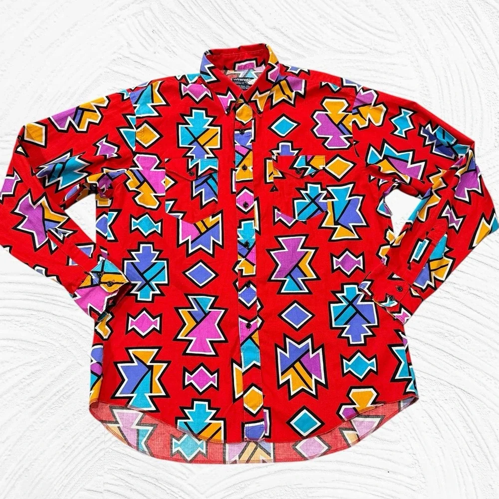 Vintage Wrangler Cowboy Cut Shirt 17.5x 36 X-Long Tails Aztec Southwest USA Made